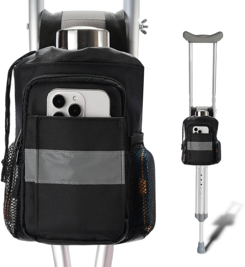 MFE Crutch Accessories Bag - Water-Resistant Organizer Pouch with Cup Holder, Zippered Pockets & Reflective Strips - Universal Tote for Underarm Crutches, Adults & Seniors, Black - Image 1
